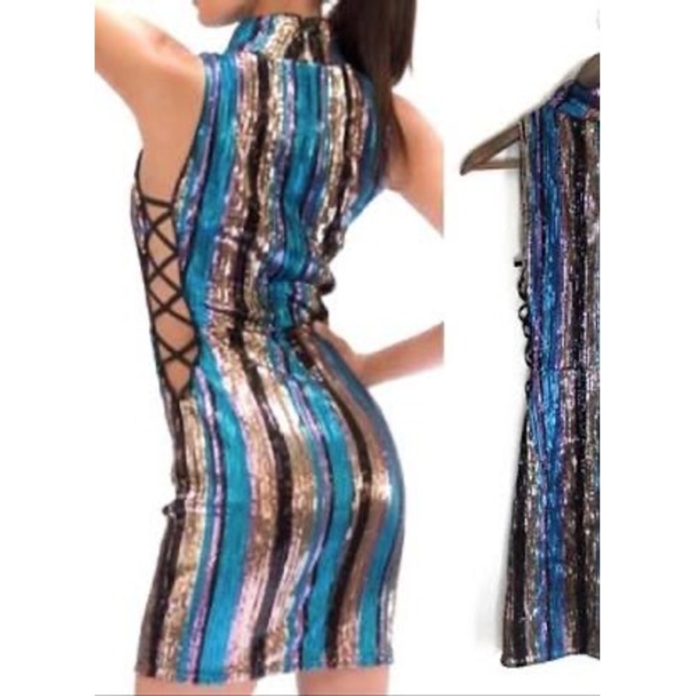L'Atiste Multicolor Sequin Striped‎ Bodycon Mini Dress Small Retro Disco